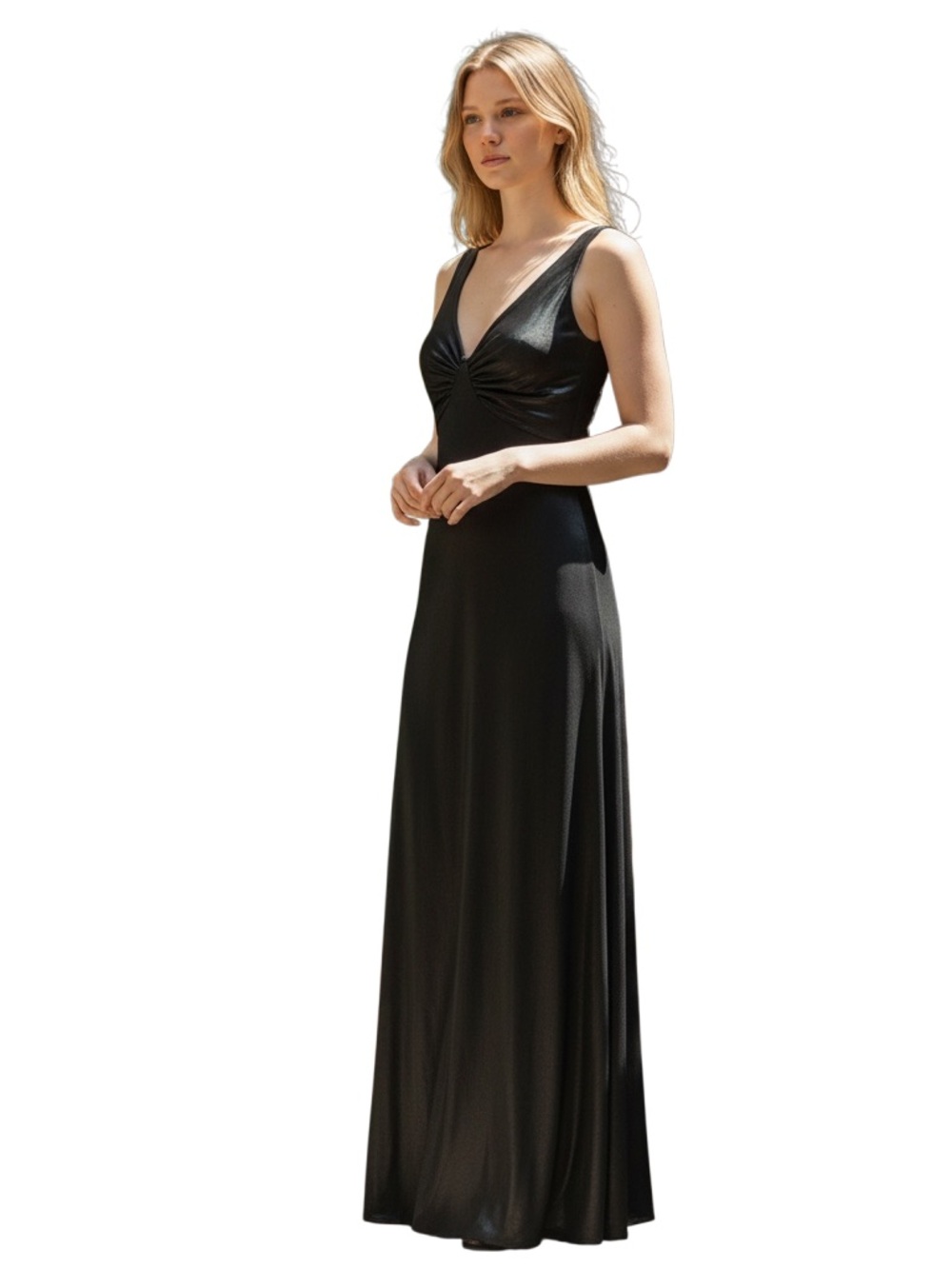 Zara Sleek Black Maxi Dress with Deep V and Tie Back S